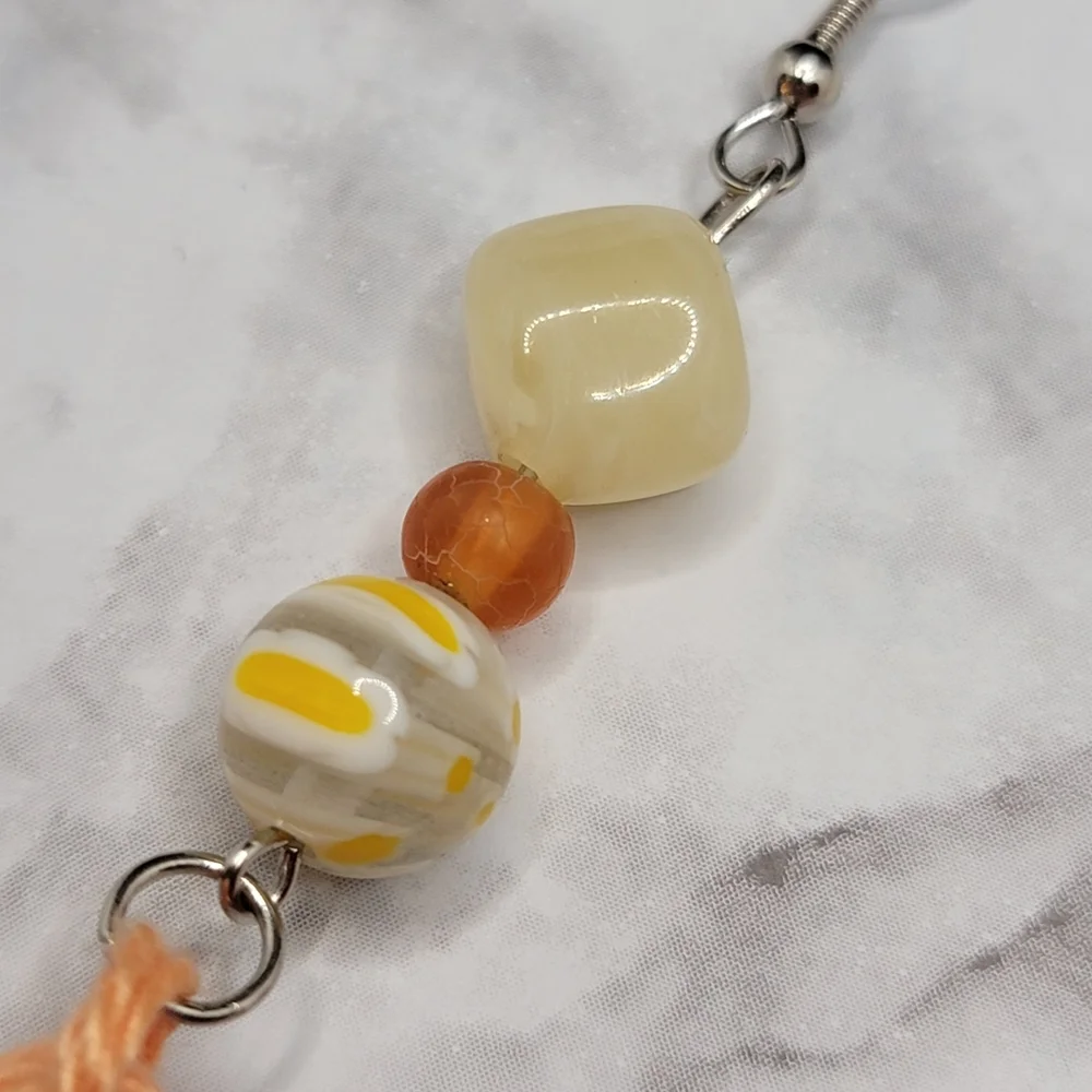 Handmade Tassel Earrings Peach Yellow Orange Glass Bead Boho Hippie Chic